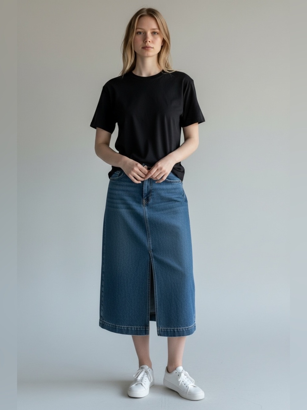 J.Crew Denim Midi Skirt Women’s Blue Jean Front Slit Classic Casual Size 6 Y2K